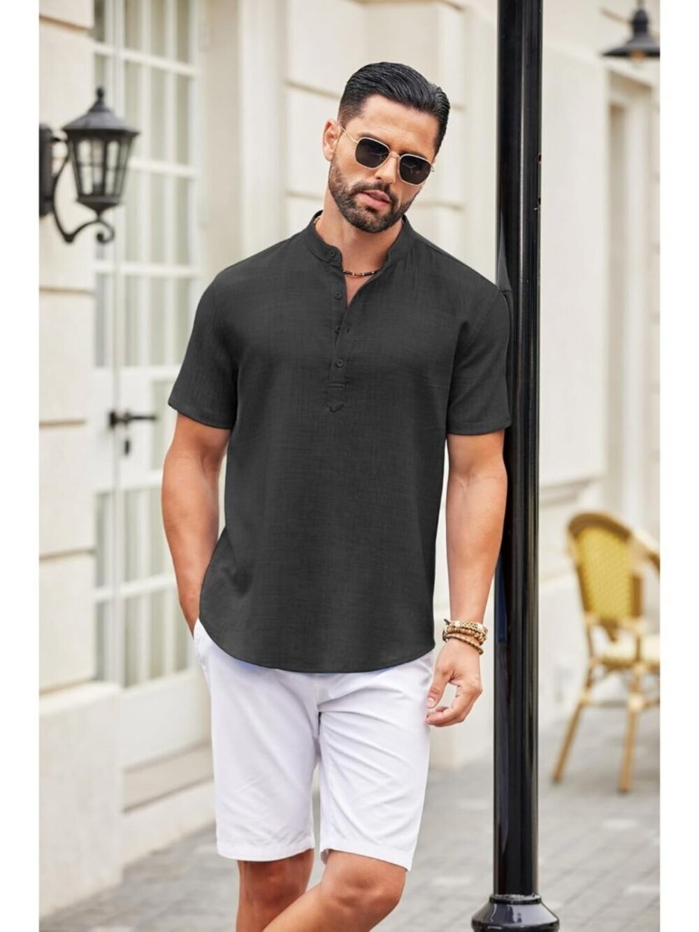 Men's Dark Grey Casual Henley Shirt Short Sleeve Linen Beach Summer Tops - Picture 3 of 6